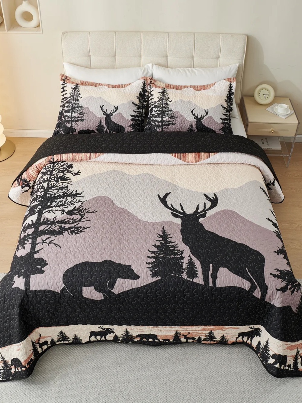 3 PIECE RUSTIC LODGE QUILT SET - DEER BEAR FOREST BEDSPREAD